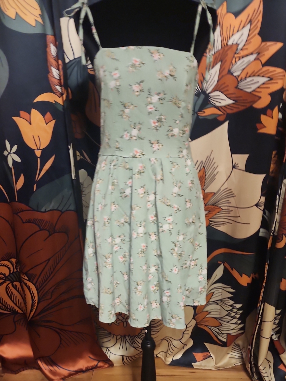 SHEIN Mint Green Floral Tie-strap Mini Dress